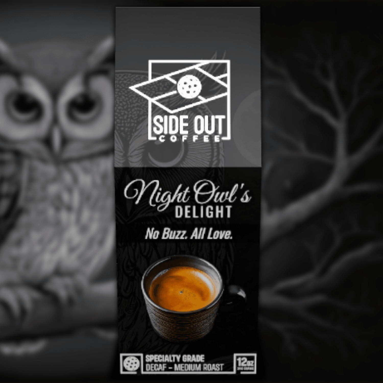 Night Owl's Delight sugar cane decaf coffee - Ultra-premium medium roast Side Out Coffee Night Owl's Delight - Decaf blend with no buzz, just love 12oz box of Night Owl's Delight decaf - Smooth sugar cane decaf coffee Decaf coffee - Night Owl's Delight su